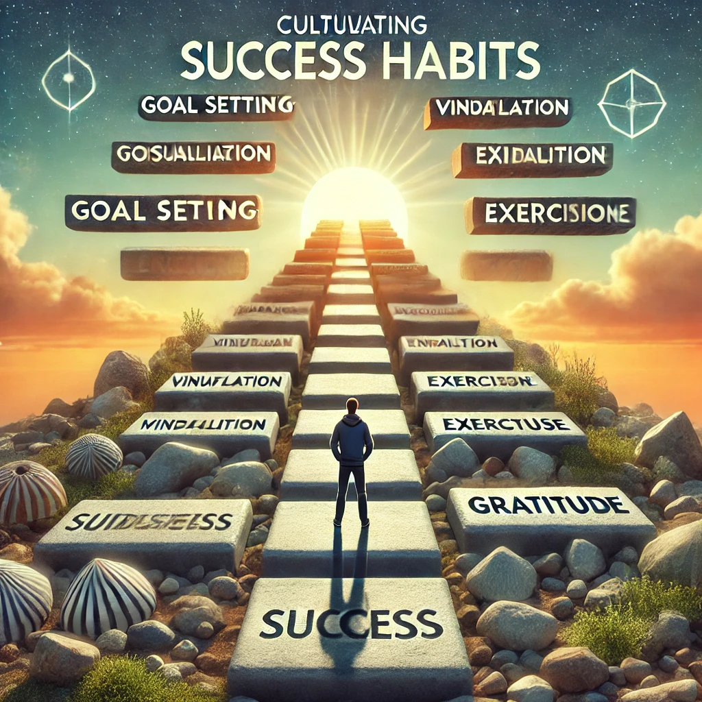 DALL·E 2024 08 20 16.54.57 A conceptual image representing the idea of cultivating success habits and daily practices. The image features a person standing on a path made up of