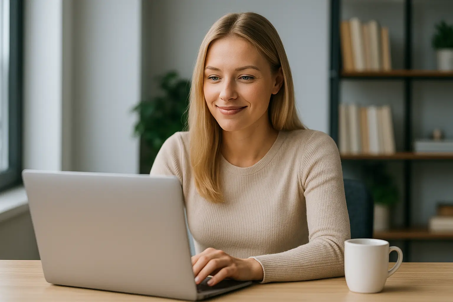 A confident blonde woman smiling while working on her laptop in a modern home office, representing self-confidence, digital business growth, and a success mindset.