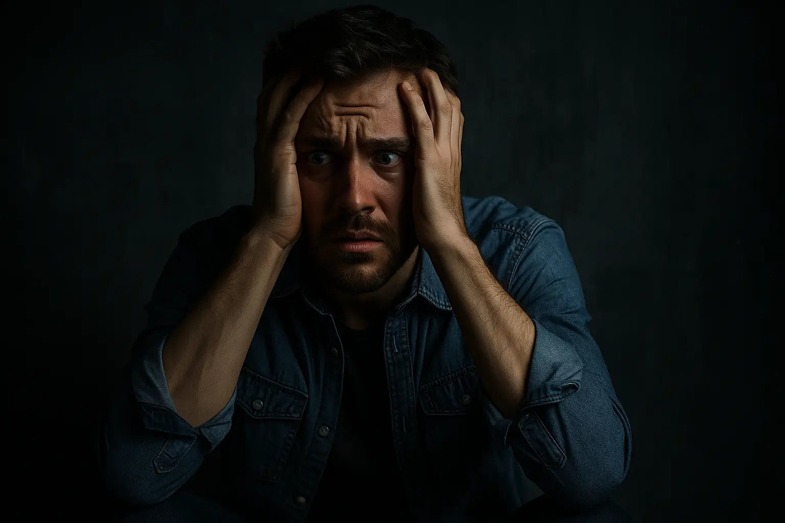 A worried young man symbolizing the fear of failure in digital business and the uncertainty before taking action.