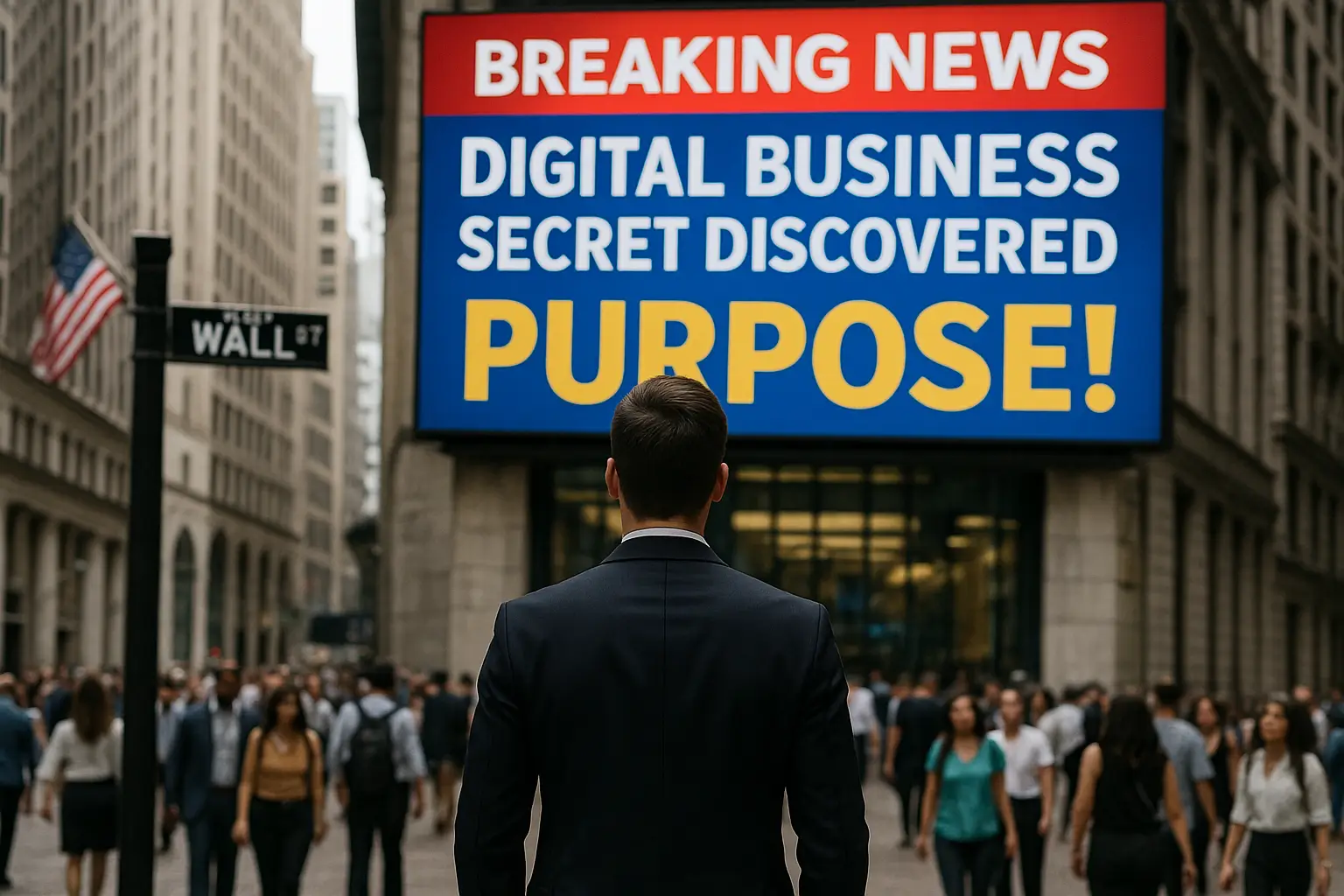 Back view of a focused entrepreneur in a black suit standing at Wall Street, looking at a breaking-news billboard reading “Digital Business Secret Discovered — Purpose!”, symbolizing clarity, focus, and purpose in digital business success.