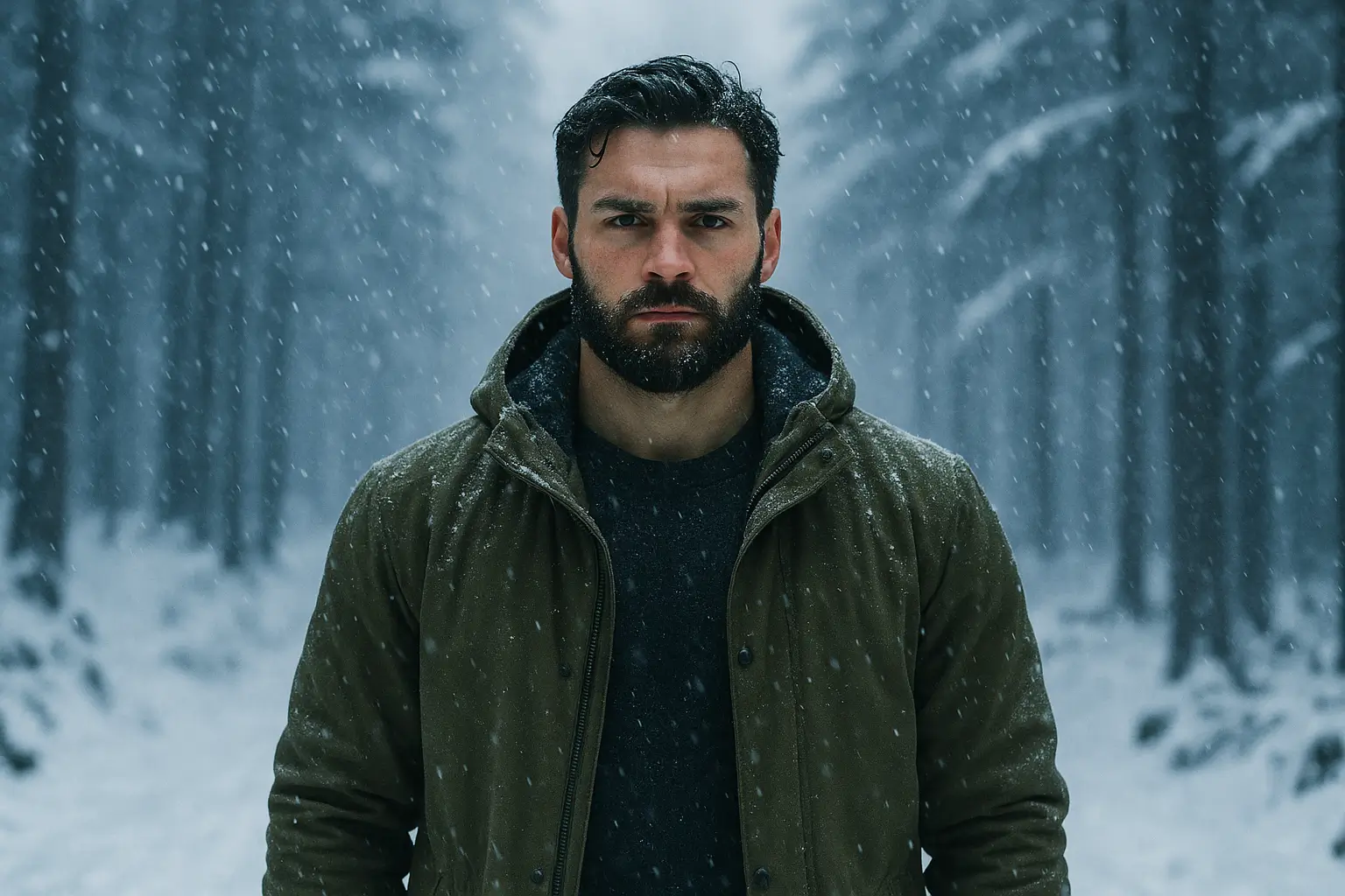 A strong man standing in a snowy mountain storm, symbolizing resilience, determination, and inner strength in the digital journey.